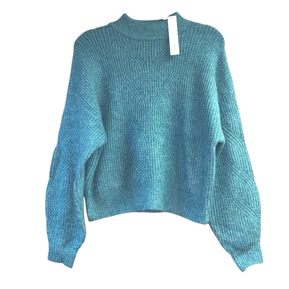 Aqua Blue Cowl Neck Sweater with Balloon Sleeves